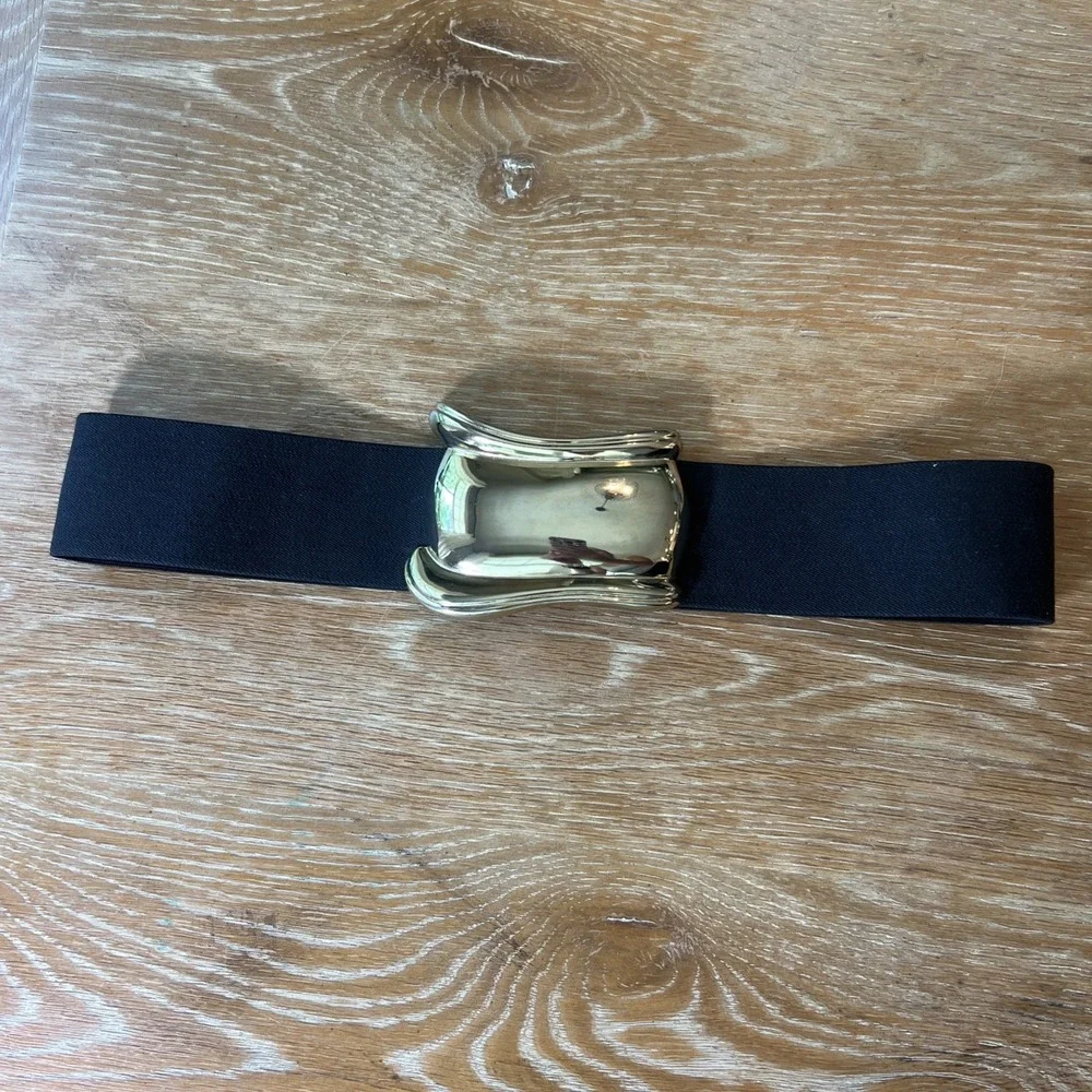 Vtg Black Elastic Cinch Belt Wide Statement Gold-tone Buckle 1980's Small